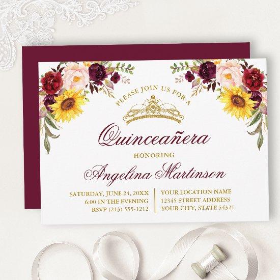 Watercolor Mixed Floral Burgundy Quinceanera Party