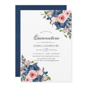 Watercolor Navy and Blush Floral Quinceañera