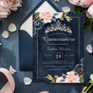 Watercolor Navy Rose Gold Quinceanera  Foil