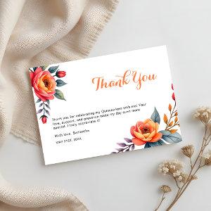 Watercolor Orange Floral Quinceanera 15th Birthday Thank You Card