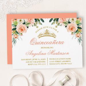 Watercolor Peach White Floral Quinceanera Party