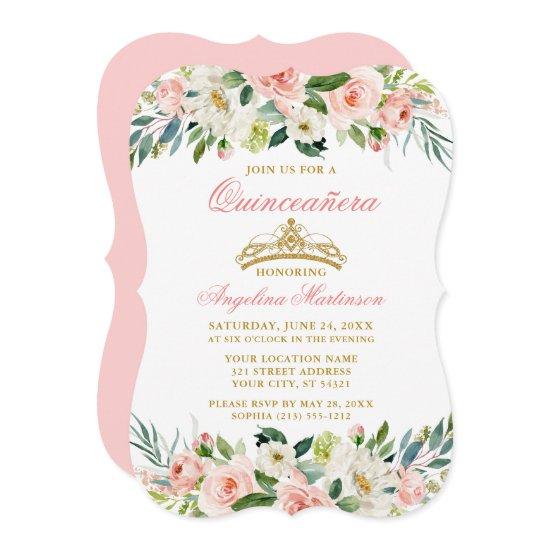 Watercolor Pink Blush White Floral Quinceanera