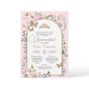 Watercolor Pink Floral Gold Butterfly Quinceañera