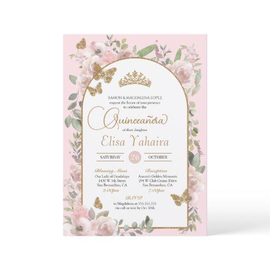Watercolor Pink Floral Gold Butterfly Quinceañera