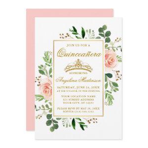 Watercolor Pink Floral Greenery Gold Quinceanera