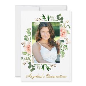 Watercolor Pink Floral Greenery Photo Quinceanera