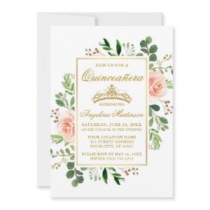 Watercolor Pink Floral Greenery Quinceanera Gold