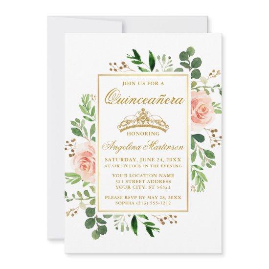 Watercolor Pink Floral Greenery Quinceanera Gold