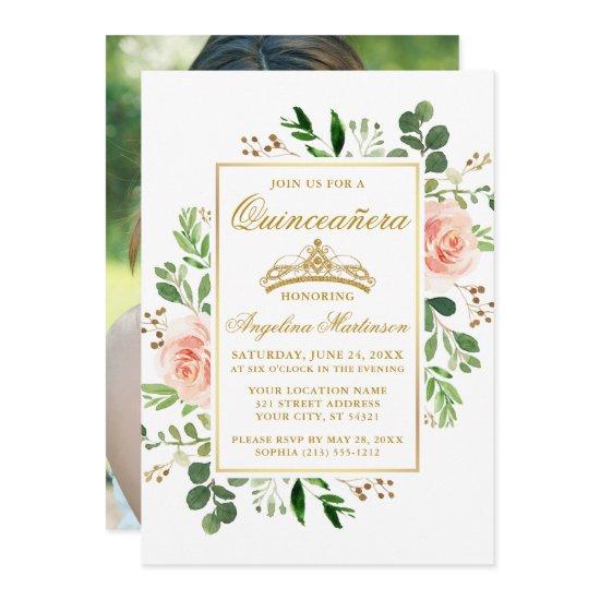 Watercolor Pink Floral Greenery Quinceanera Photo