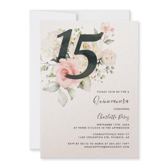 Watercolor Pink Floral Quinceanera 15th Birthday