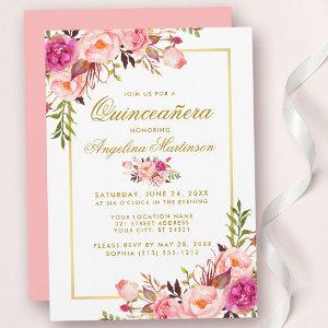 Watercolor Pink Floral Quinceanera Gold