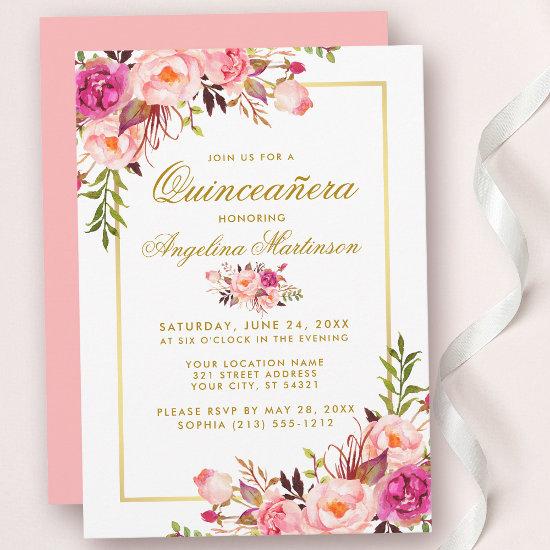 Watercolor Pink Floral Quinceanera Gold