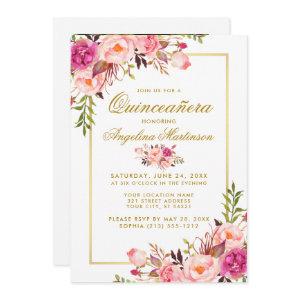 Watercolor Pink Floral Quinceanera Gold Photo