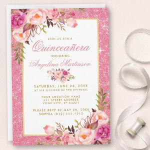 Watercolor Pink Floral Quinceanera Pink Glitter