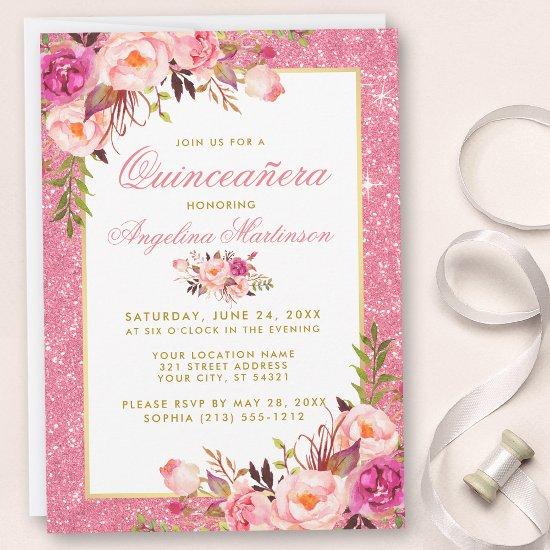 Watercolor Pink Floral Quinceanera Pink Glitter
