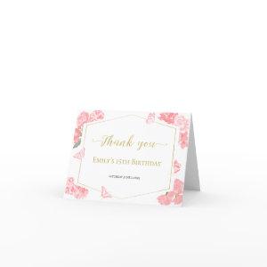 Watercolor Pink Sweet 16 Quinceanera Bat Mitzvah Thank You Card
