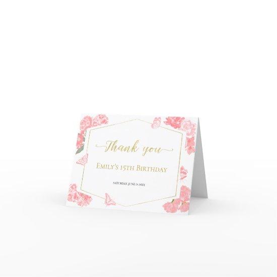 Watercolor Pink Sweet 16 Quinceanera Bat Mitzvah Thank You Card