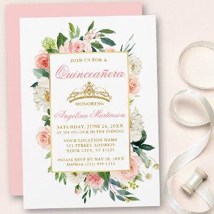Watercolor Pink White Floral Gold Quinceanera