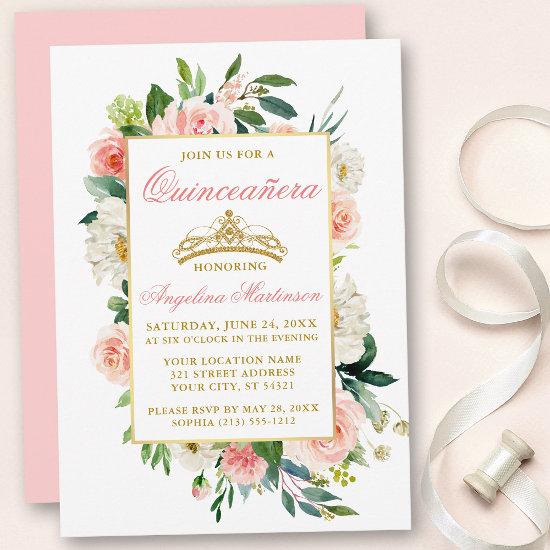 Watercolor Pink White Floral Gold Quinceanera