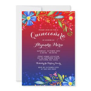 Watercolor Red Blue Floral Fiesta Quinceanera