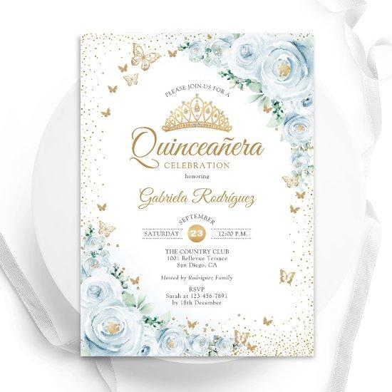 Watercolor Roses Baby Blue Floral Quinceanera