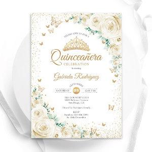 Watercolor Roses Cream Gold Floral Quinceanera