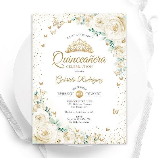 Watercolor Roses Cream Gold Floral Quinceanera