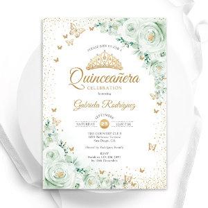 Watercolor Roses Sage Green Floral Quinceanera