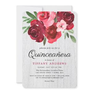Watercolor Rustic Red Roses Quinceanera Invite