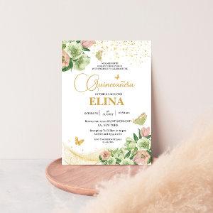 Watercolor sage green pink floral Quinceañera