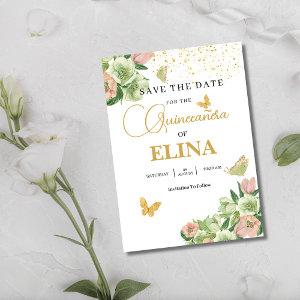 Watercolor sage green pink floral Quinceañera Save The Date