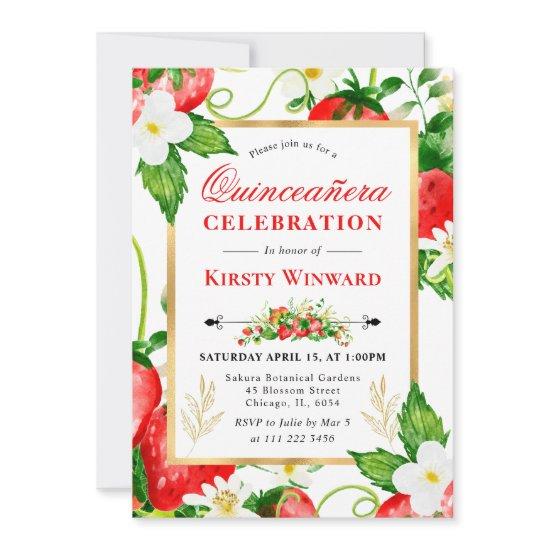 Watercolor Strawberries and Flowers Quinceanera