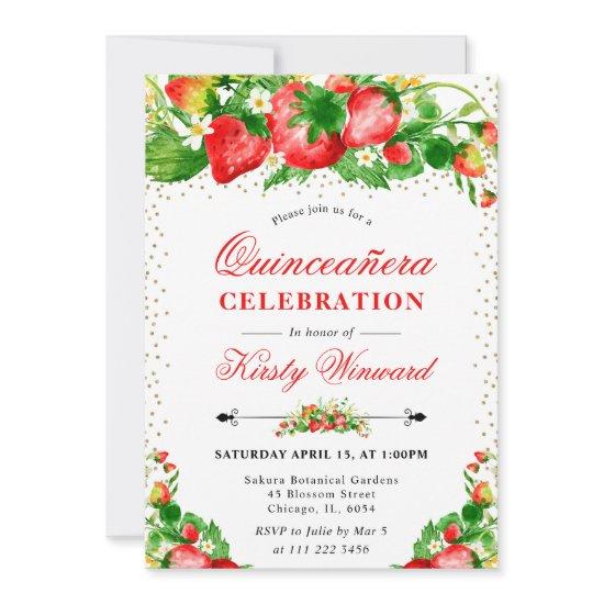 Watercolor Strawberries and Flowers Quinceanera