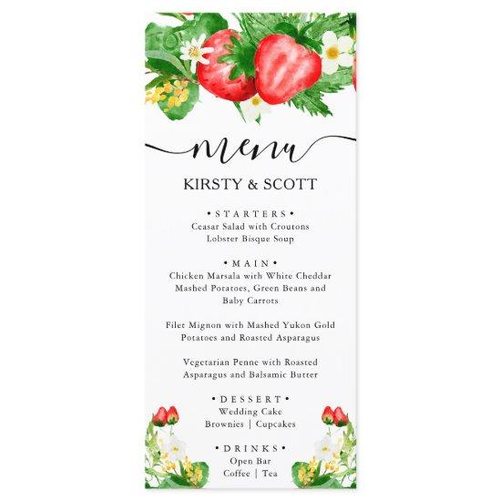 Watercolor Strawberries and White Flowers Wedding Menu
