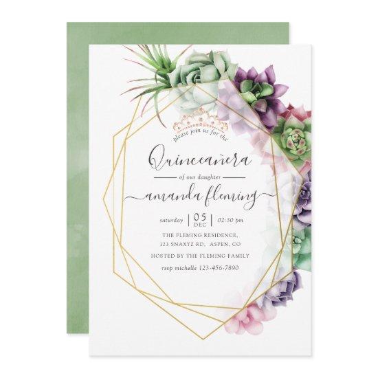 Watercolor Succulent Geometric Quinceañera