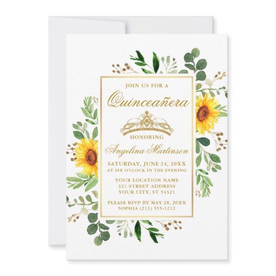 Watercolor Sunflowers Greenery Quinceanera Gold