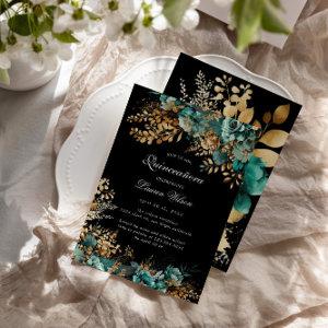 Watercolor Teal Gold Floral Quinceanera