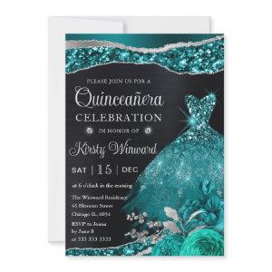 Watercolor Teal Silver Glitter Dress Quinceanera