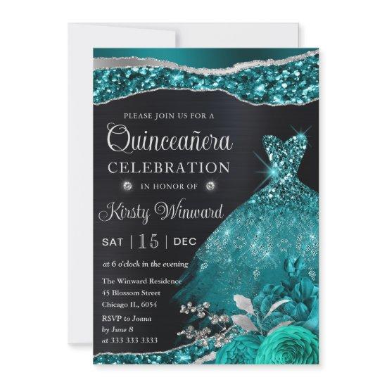 Watercolor Teal Silver Glitter Dress Quinceanera