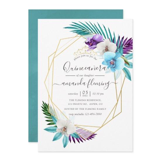 Watercolor Tropical Orchids Geometric Quinceañera