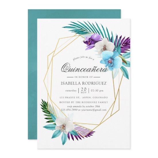 Watercolor Tropical Orchids Geometric Quinceañera
