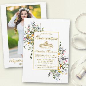 Watercolor Wildflowers Photo Gold Quinceanera