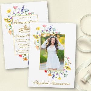 Watercolor Wildflowers Photo Quinceanera Gold