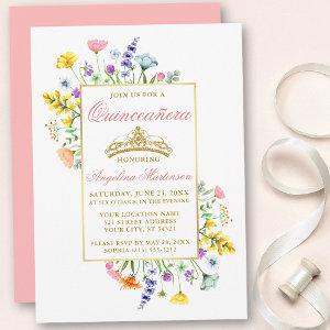 Watercolor Wildflowers Pink Gold Quinceanera
