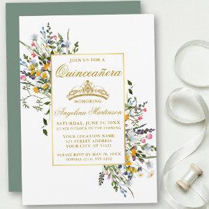 Watercolor Wildflowers Sage Green Quinceanera