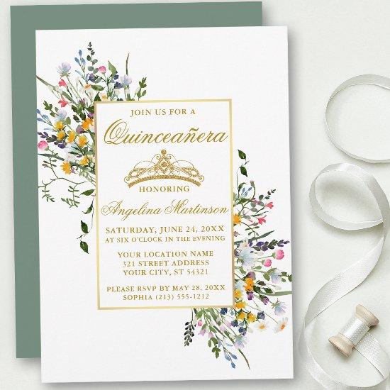 Watercolor Wildflowers Sage Green Quinceanera