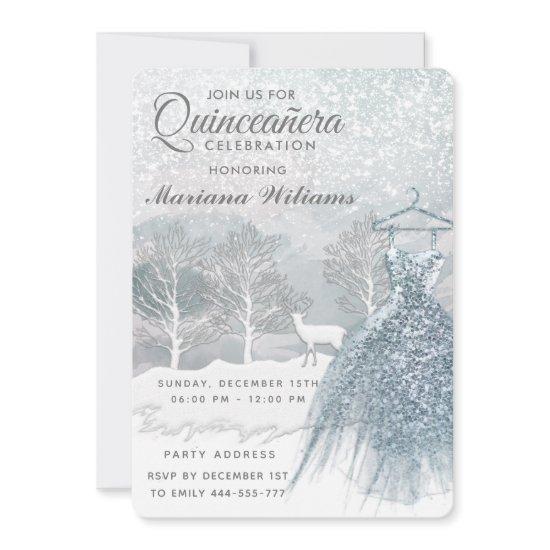 Watercolor winter scene blue dress Quinceañera