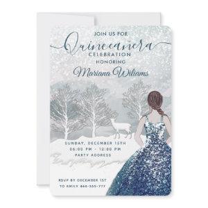 Watercolor winter scene blue dress Quinceañera
