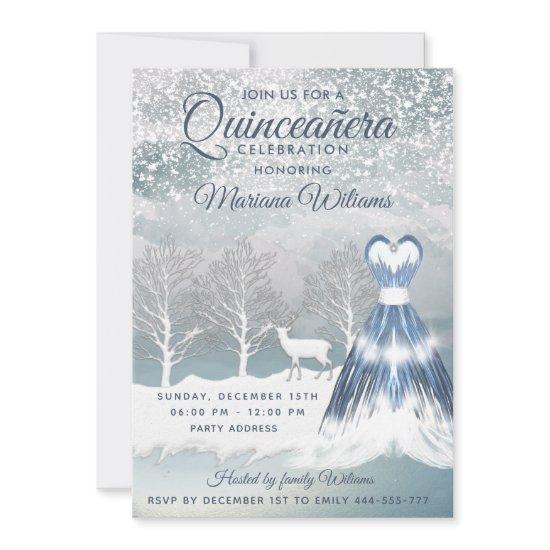 Watercolor winter scene blue dress Quinceañera