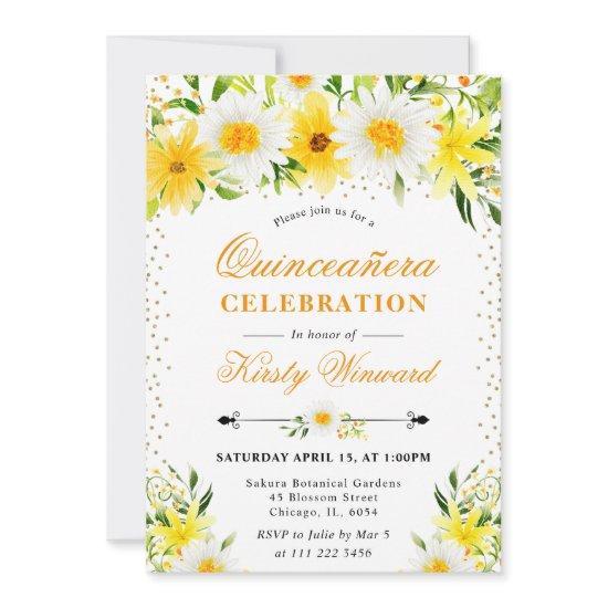 Watercolor Yellow Flowers & Daisies Quinceanera